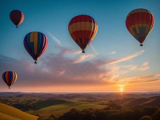 Heißluftballons fliegen über eine Landschaft mit einem Sonnenuntergang im Hintergrund.