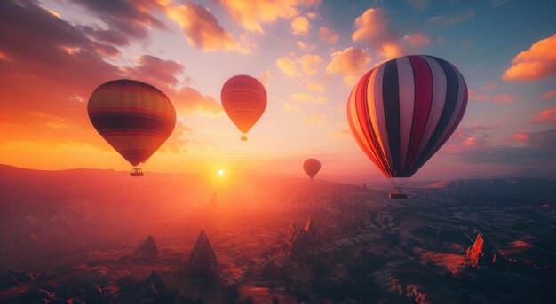 Heißluftballons fliegen über hohen Hügeln Plateau Sonnenaufgang Ballon