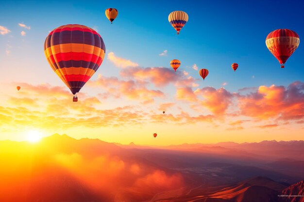 Heißluftballons schwimmen in einem atemberaubenden Sonnenaufgang über gebirgigem Gelände