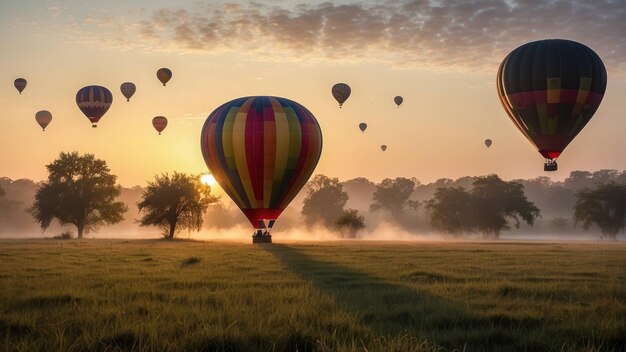 Heißluftballons steigen bei Sonnenaufgang