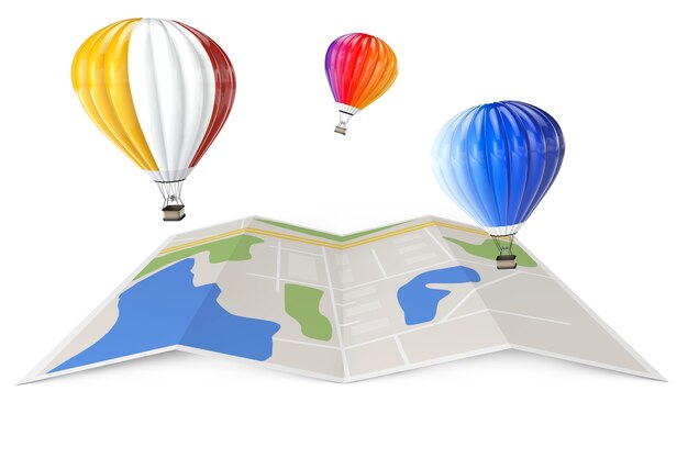 Heißluftballons über Stadtplan auf weißem Hintergrund. 3D-Rendering