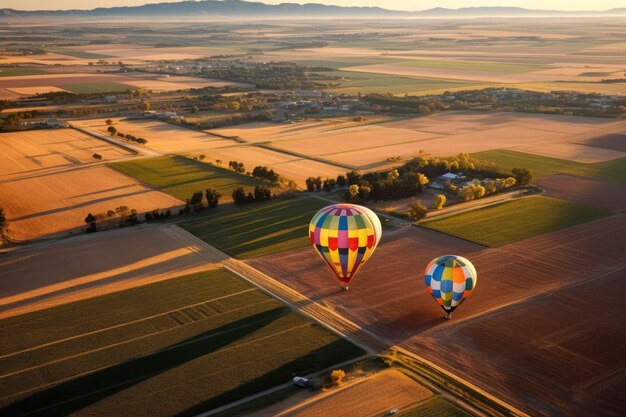 Heißluftballons werfen Schatten auf Patchwork-Felder