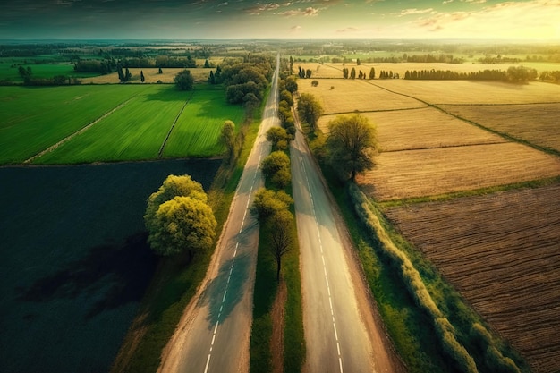 Heiterer Blick auf eine Straße, die sich durch üppig grünes Ackerland schlängelt und auf beiden Seiten Feldfrüchte wachsen Generative KI