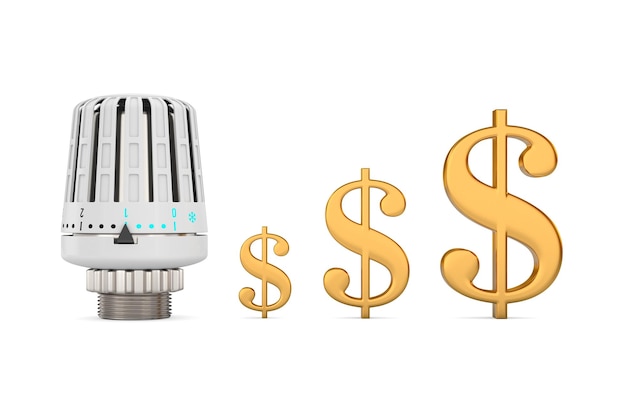 Heizthermostat und Symboldollar auf weißem Hintergrund Isolierte 3D-Darstellung