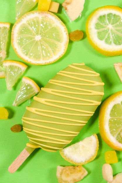 Foto helado amarillo en un palo de plátanos y limones en un fondo verde