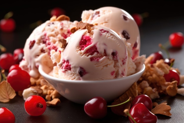 Helado de arándano con bayas frescas y nueces sobre fondo negro IA generativa