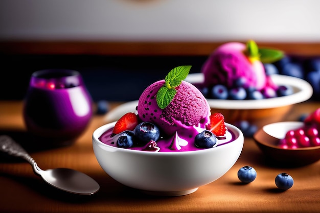 Helado de arándanos con bayas frescas en la mesa