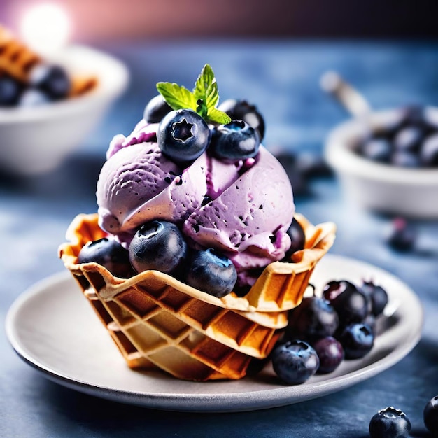 Foto helado de arándanos en un cono