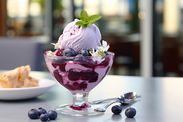 helado de arándanos en un vaso en una hermosa cafetería