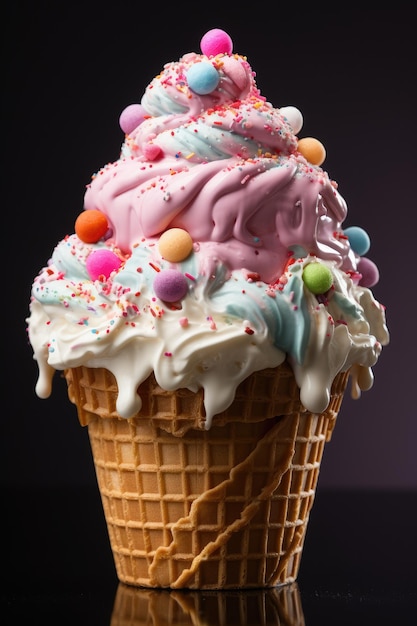 Helado de arco iris con caramelos de colores derritiéndose y derramándose del cono de gofre sobre fondo oscuro