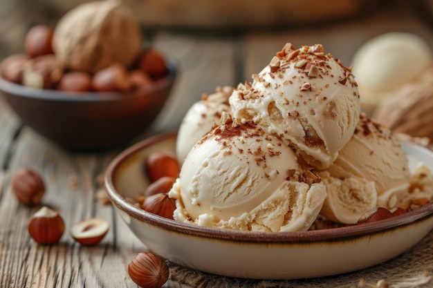 Helado de avellana fresco en un plato de cerca