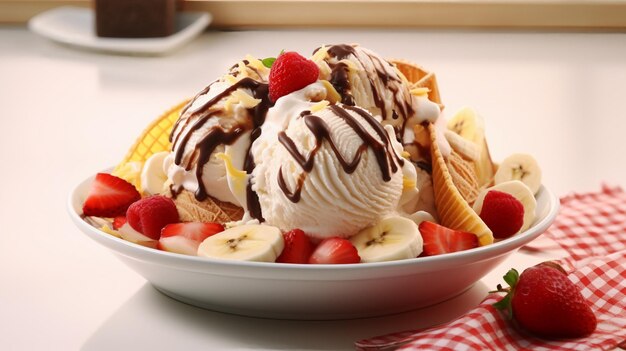 Helado de banana split en un bol con bolas de helado de vainilla con fresa y frambuesa