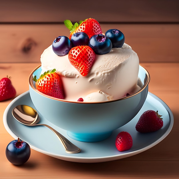 Helado con bayas en un tazón sobre la mesa