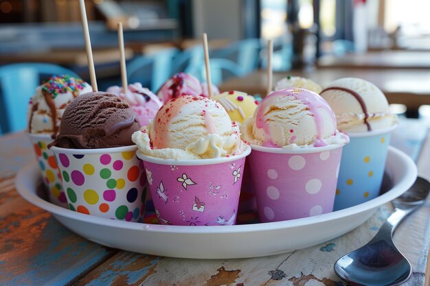 Foto helado y bolas en la mesa.