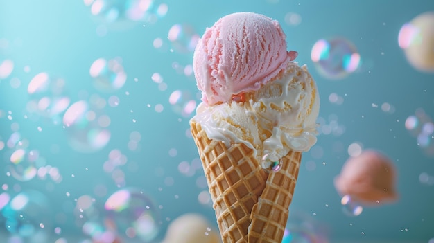 Helado con burbujas en cono de waffles sobre fondo azul