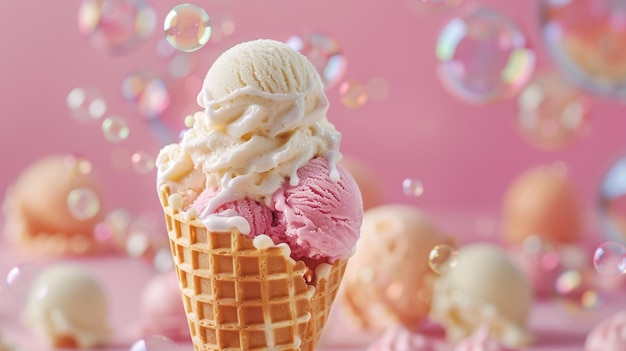 Foto helado de burbujas en cono de waffles sobre un fondo rosado