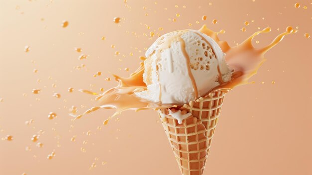 Foto helado con caramelo en un cono de azúcar