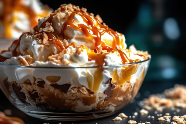 Helado con caramelo de nueces y ai generativa de chocolate