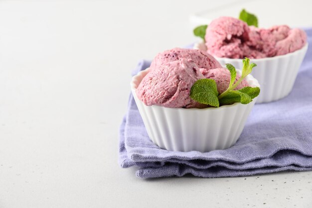 Helado casero de arándanos y grosella negra en tazones sobre fondo blanco Cerrar espacio para texto