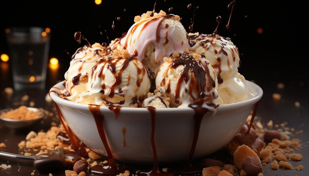 Foto helado casero con salsa de chocolate y almendras generado por inteligencia artificial