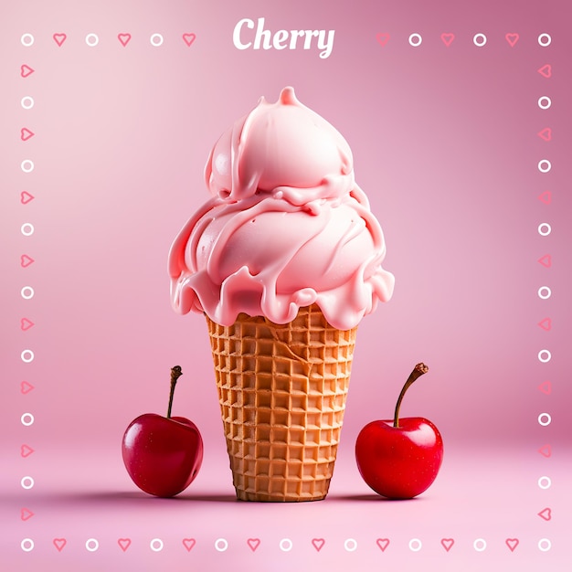 Helado de cereza Cono de helado sobre fondo de color degradado Banner Ilustración 3D