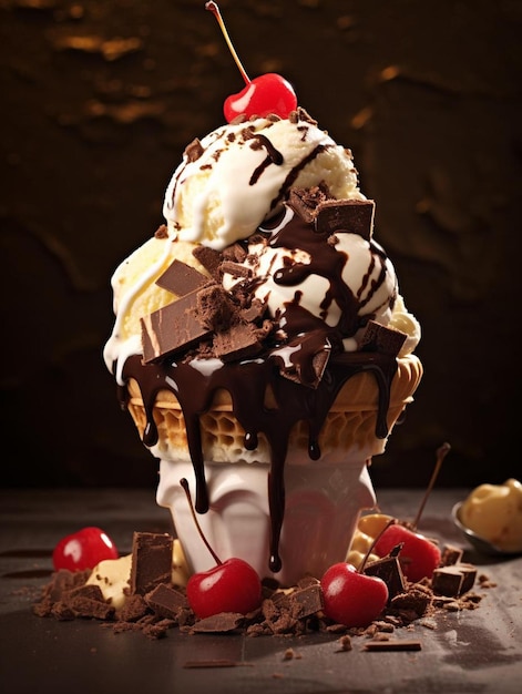 un helado con cereza en la parte superior está cubierto de chocolate.