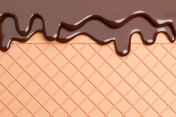 Helado de chocolate derretido sobre fondo de obleas., Modelo 3d e ilustración.