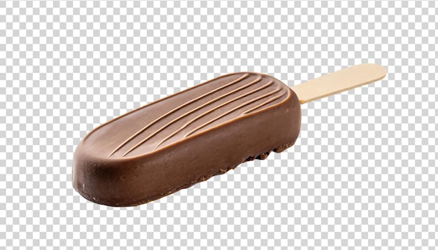 Helado de chocolate con espátula de madera aislada sobre un fondo transparente