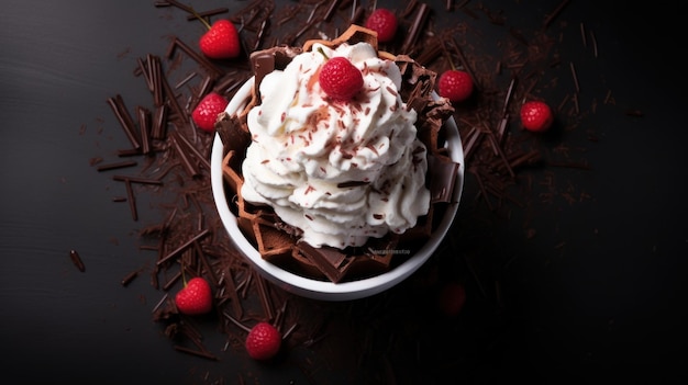 Helado de chocolate con fresas y frambuesas sobre un fondo negro