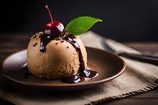 Un helado de chocolate con un fruto rojo encima.