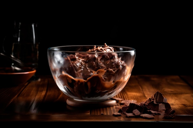 Helado de chocolate gourmet en recipiente de vidrio sobre mesa de heladería Madera rústica Postre congelado generado por IA