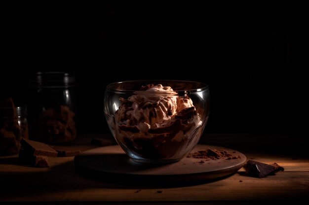 Helado de chocolate gourmet en recipiente de vidrio sobre mesa de heladería Madera rústica Postre congelado generado por IA