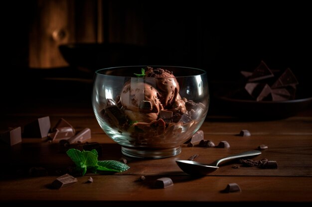 Helado de chocolate gourmet en recipiente de vidrio sobre mesa de heladería Madera rústica Postre congelado generado por IA