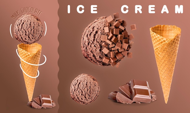 Helado de chocolate con leche Bolas de helado de chocolate con leche con cono de galleta y chocolate con leche