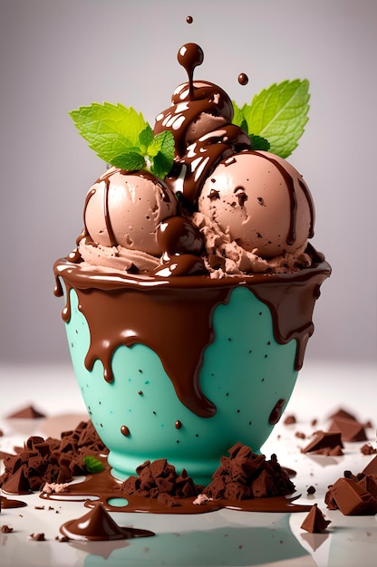 helado de chocolate con menta y chorrito de chocolate