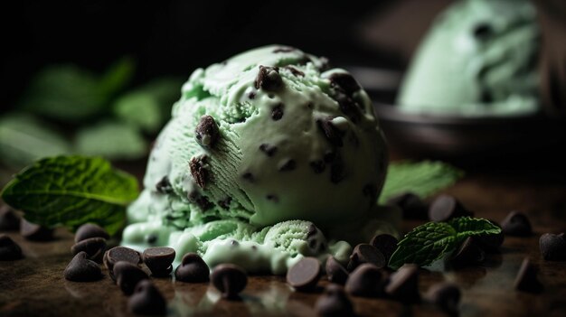 Helado de chocolate con menta en un fondo oscuro