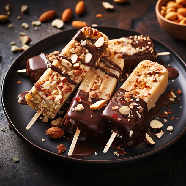 Foto helado de chocolate en un palo en un plato sumergido en chocolate oscuro y nueces postre de primer plano