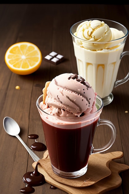 Foto helado de chocolate, pastel, té por la tarde, bocadillo, deliciosa bebida, fondo de papel tapiz.