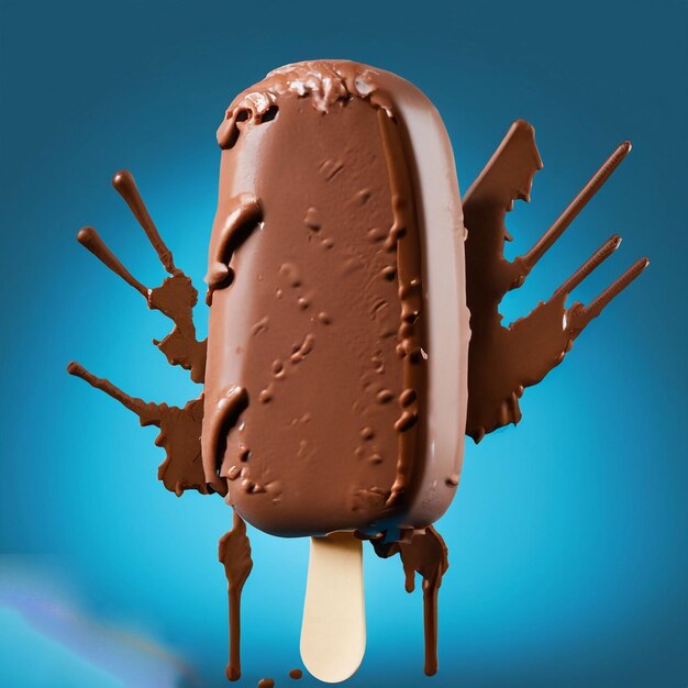 Foto helado de chocolate pop stickless con splash sobre fondo azul ai generativo