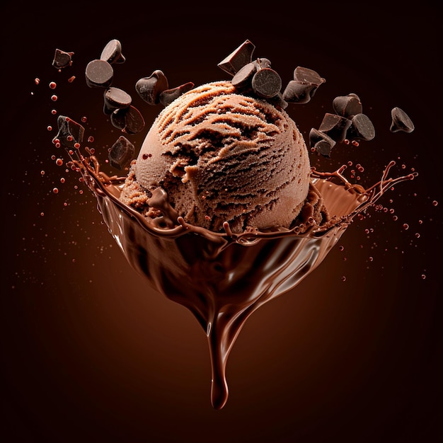 Helado de chocolate con salpicaduras y gotas de chocolate