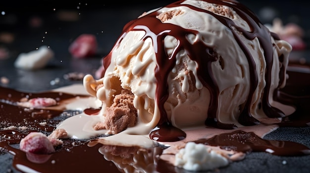 Un helado de chocolate con salsa de chocolate y un chorrito de chocolate encima.