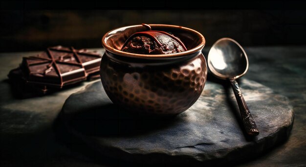 Helado de chocolate en una taza con cuchara en el borde de una superficie oscura