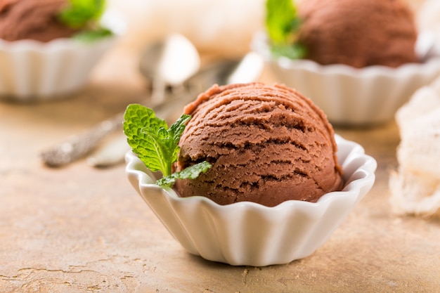 Helado de chocolate en un tazón blanco.