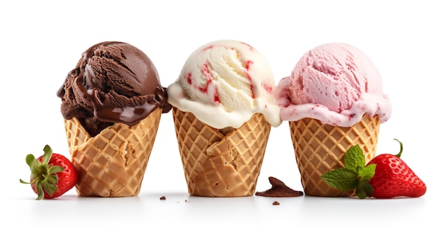 Foto helado de chocolate, vainilla y fresa aislado en blanco