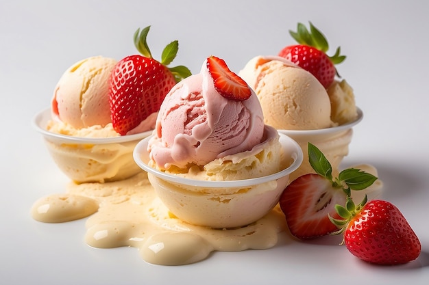 Helado de chocolate, vainilla y fresa aislado en blanco