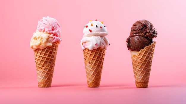 Helado Chocolate vainilla y helado de fresa en el cono sobre fondo rosa Ai generativo