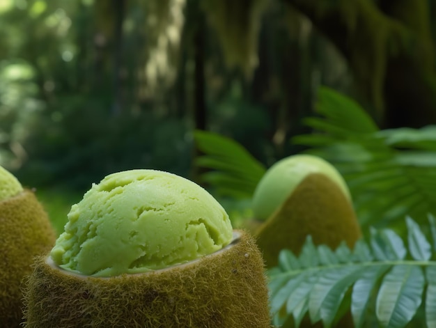 Un helado de coco en una cáscara de coco