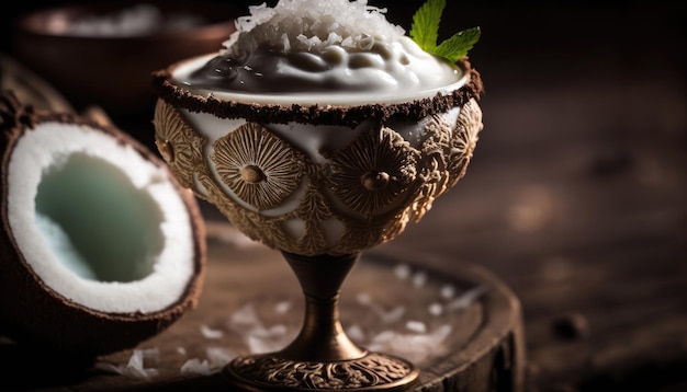 Helado de coco en una cáscara de coco