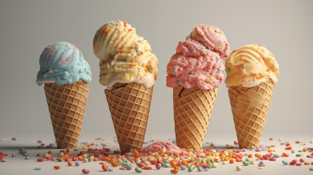 helado de colores en conos de waffle de primer plano