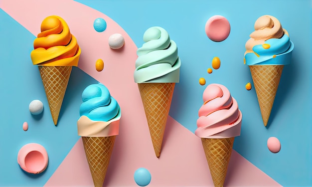 Helado de colores sobre fondo azul pastel AI generativa